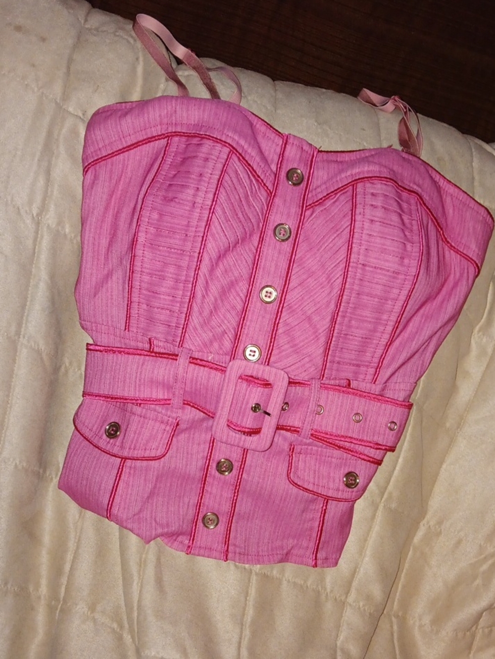 Pink Button-Front Belted Bustier Top